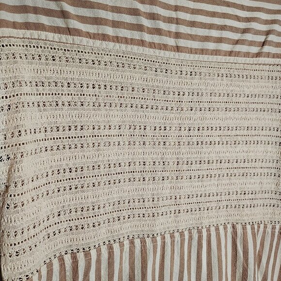 Striped Button-Up Shirt  Womans Crochet Back Panel Beige White Size Med Boho - Picture 3 of 13